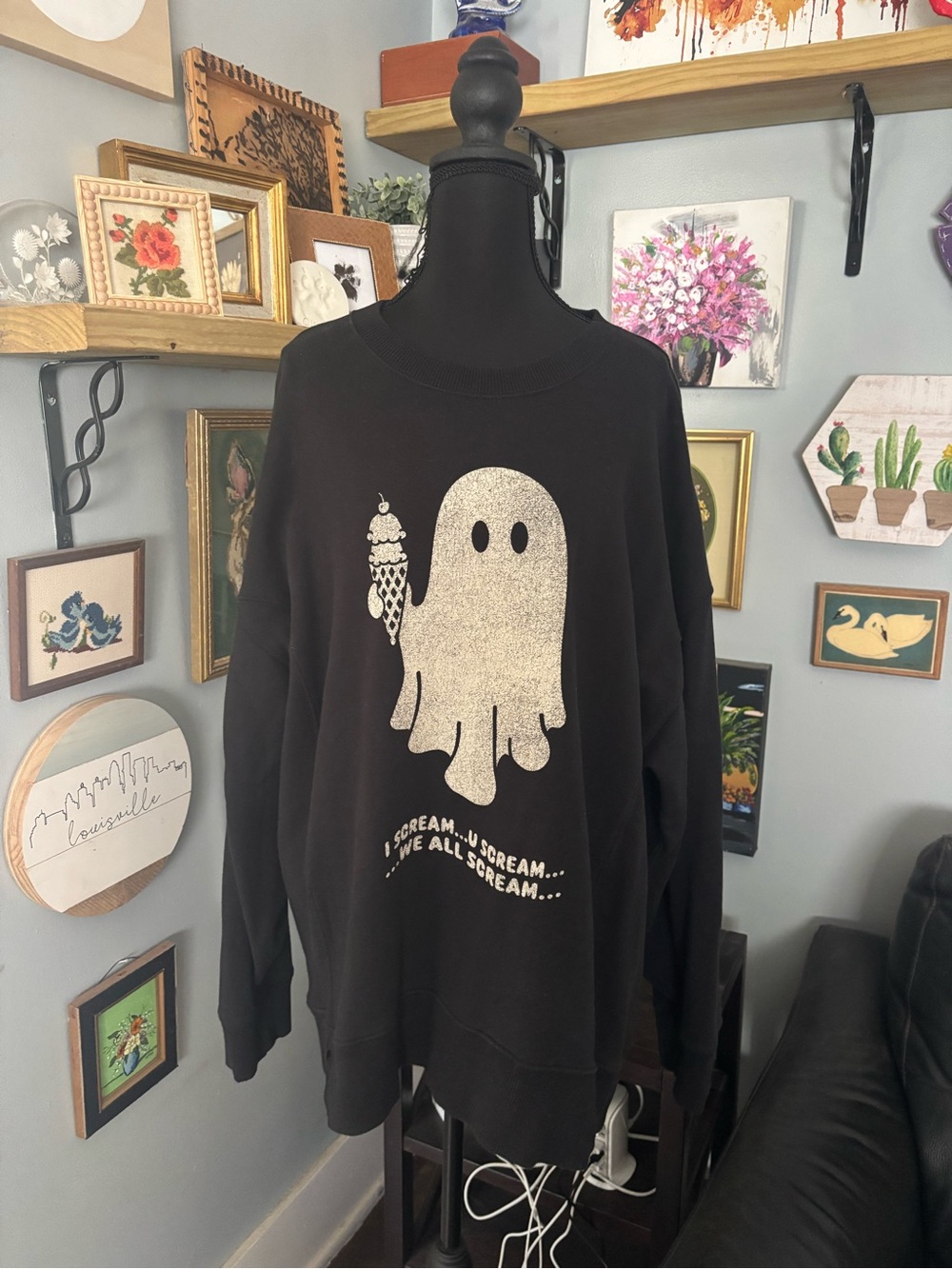 Aerie the chill crew oversized sweatshirt black ghost ice cream Halloween L - Picture 2 of 6